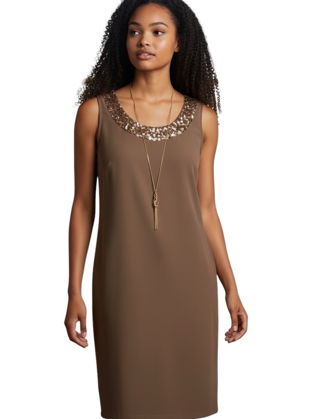 R&M Richards Size 12 Beaded Cocktail Dress Taupe Brown NWT w/ Necklace